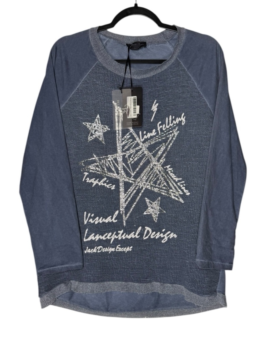 Bella Amore Italian Boutique Star Graphic Sweatshirt Top Soft Girl Blue O/S NWT